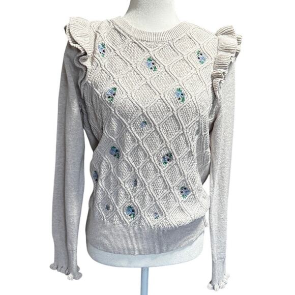 Grandma Embroidered Ruffle Sweater Women’s (L) Beige Knit Blue Ditsy Floral - Picture 1 of 7